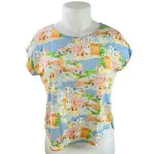 Cynthia Rowley Blue Multicolor Short Sleeve Graphic Print T Shirt Tee Top Sz XL